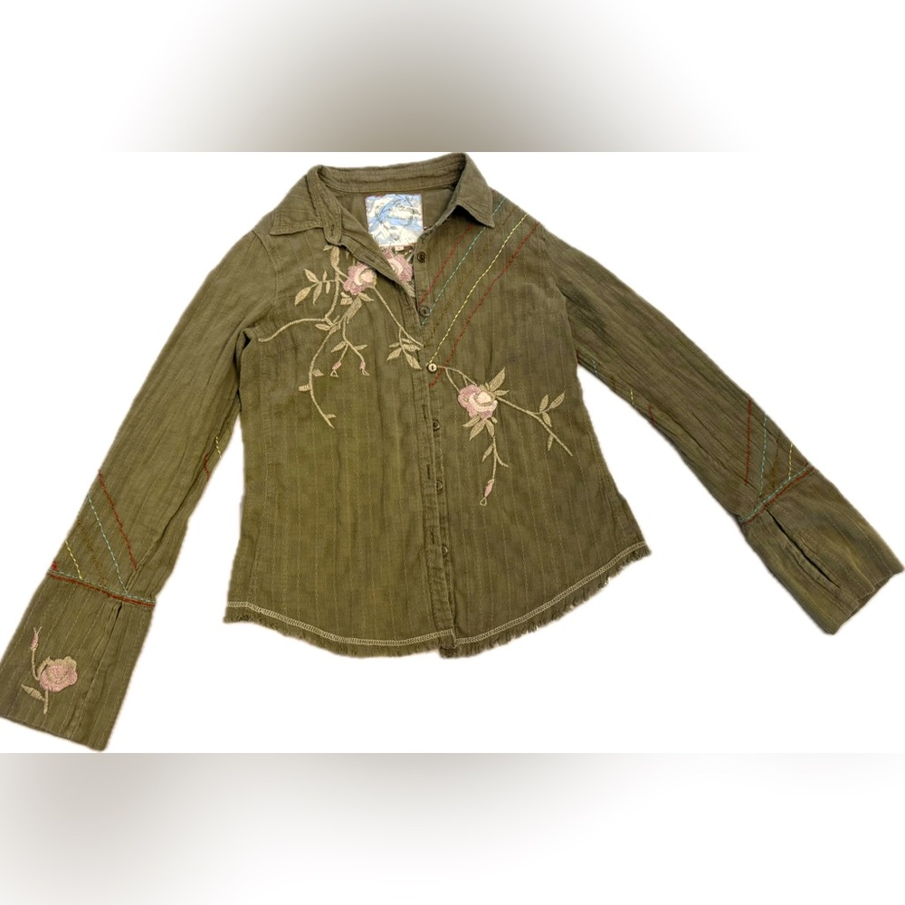 Pre-Loved Love Stitch Embroidered Olive Green Button-Up Shirt